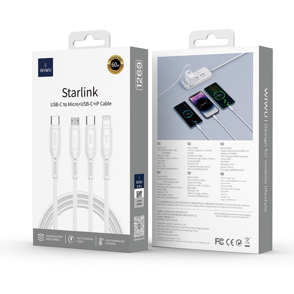 Wiwu Wi-C046E Starlink Serisi 3in1 USB-C to Lightning – Type-C – Micro Şarj ve Data Kablosu 60W 1.2M Wiwu Wi-C046E Starlink Serisi 3in1 USB-C to Lightning – Type-C – Micro Şarj ve Data Kablosu 60W 1.2M